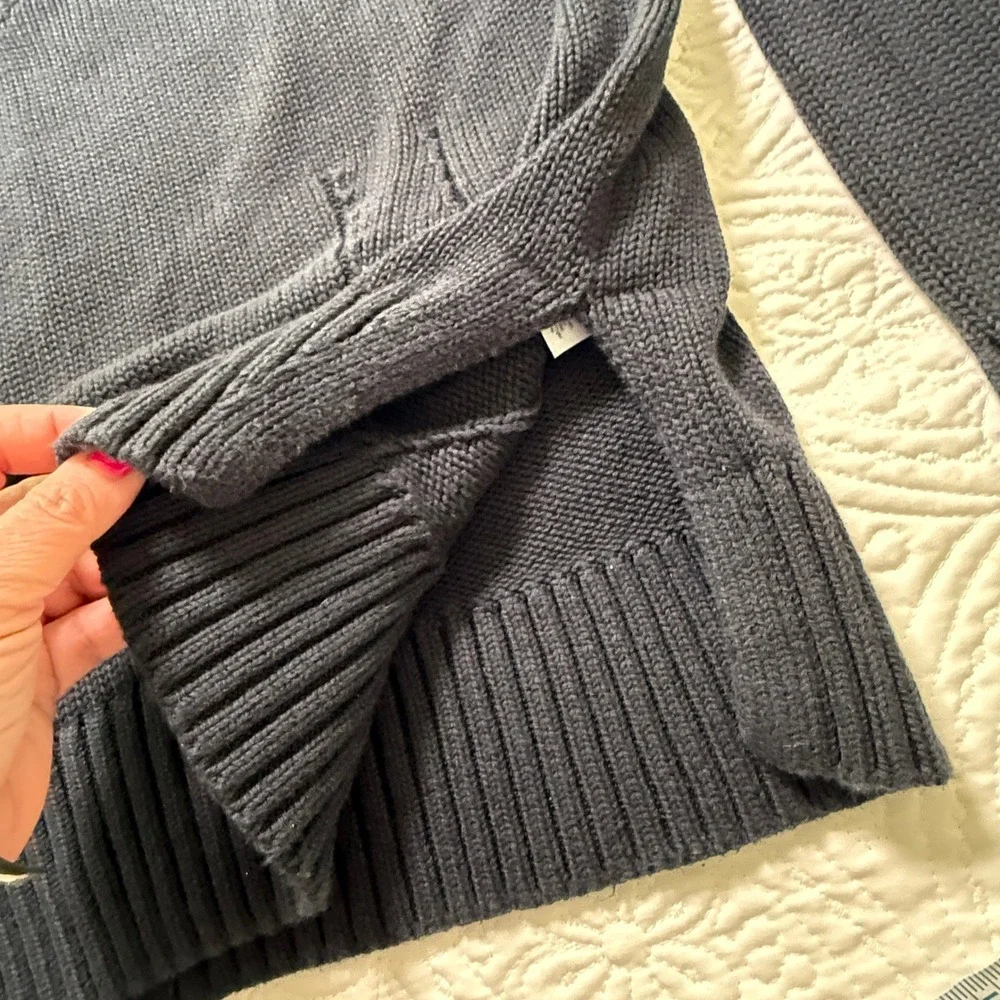 J.CREW V-Neck Sweater WMS XL NAVY Cotton‎ Oversized Side Slit Raglan Knit